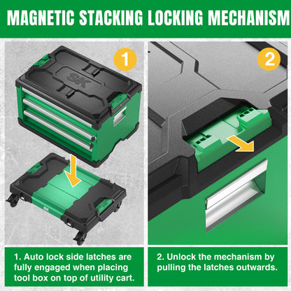 Modular Stackable Storage Toolbox by SK Tools USA, LLC in green and black with 3 drawers and magnetic stacking mechanism