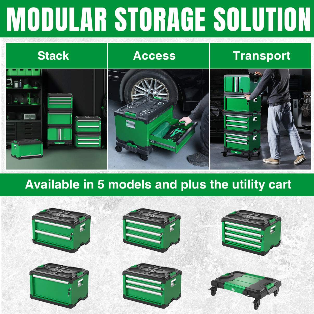 Modular Stackable Storage Toolbox by SK Tools USA, LLC in green with 3 drawers: 2 shallow and 1 deep
