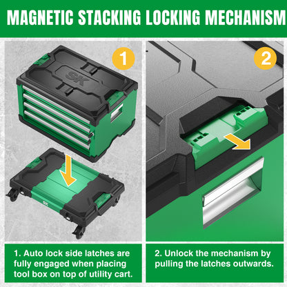 Modular Stackable Storage Toolbox by SK Tools USA, LLC with 4 drawers and magnetic stacking locking mechanism