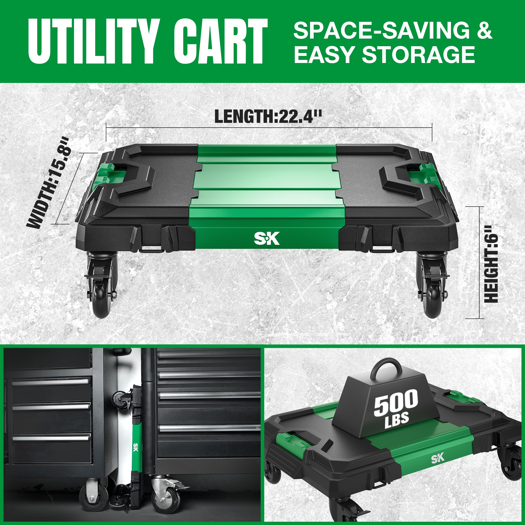 SK Tools USA Multi-Purpose Utility Cart in black and green with collapsible design and 500 lbs weight capacity