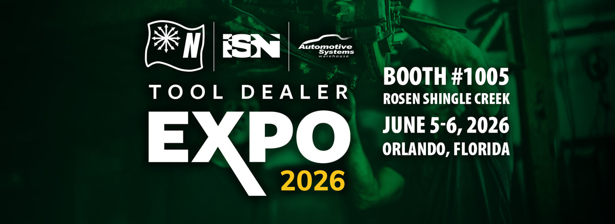 Event banner for Tool Dealer Expo 2026, featuring dates, location, and booth number.