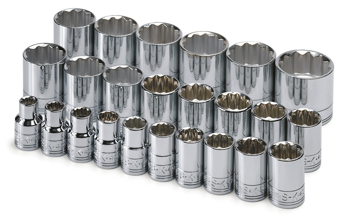 24 Piece 1/2" Drive 12 Point Standard Metric Chrome Socket Set