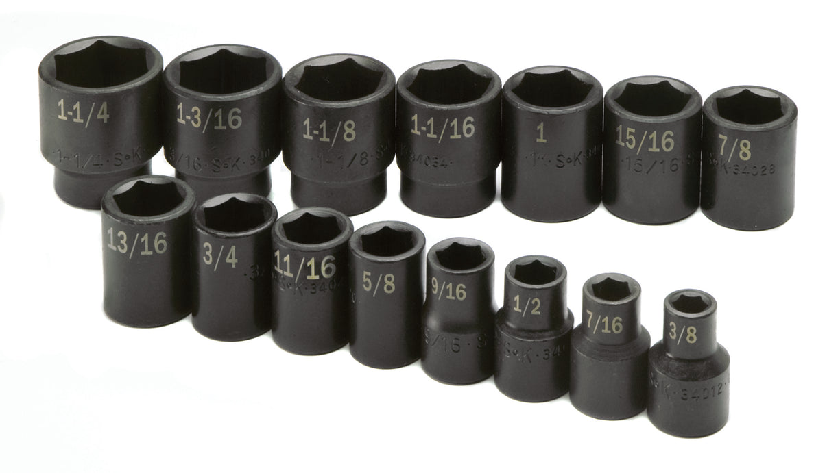 15 Piece 1/2" Drive 6 Pt Standard Fractional Impact Socket Set