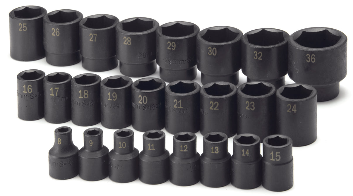 25 Piece 1/2" Drive 6 Point Standard Metric Impact Socket Set