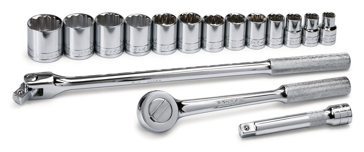 16 Piece 1/2" Drive 12 Pt Standard Fractional Chrome Socket Set